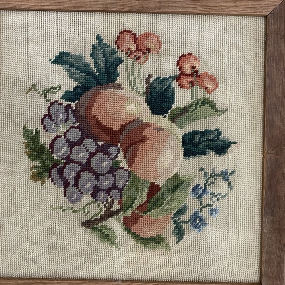 Vintage Fruit Grapes Peaches Cherries Cross Stitch Needlepoint Framed Art - Picture 3 of 8